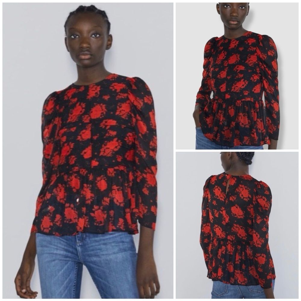 Zara Rose Floral Semi-Sheer Chiffon Puff Sleeve Peplum Blouse - Picture 3 of 12